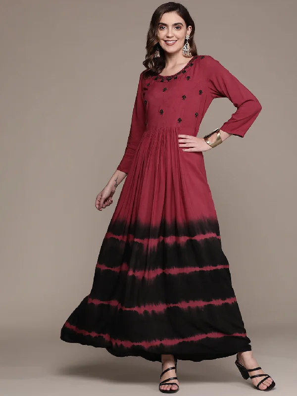 Women's Red Black Ethnic Motifs Dyed A-Line Maxi Dress - Anubhutee Fashionable Printed Maxi Dress