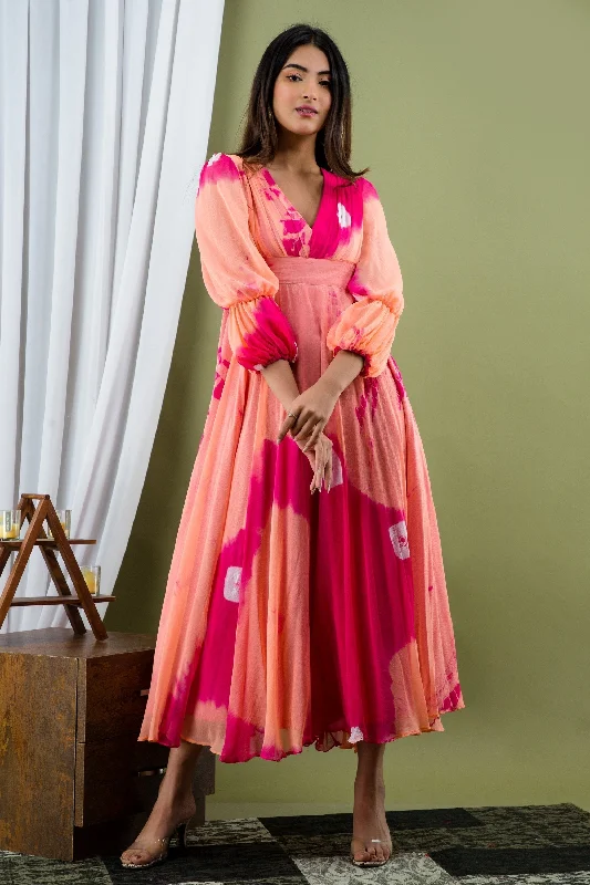 Women's Peach And Pink Tie Dye A-Line Fit And Flare Maxi Dress - READY TO SHIP Fashionable Open-Back Maxi Dress