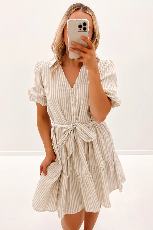 Isaiah Mini Dress Beige Stripe Chic Pleated Mini Dress