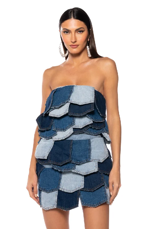 ISLA DENIM PATCHWORK STRAPLESS MINI DRESS Comfortable Polka Dot Mini Dress