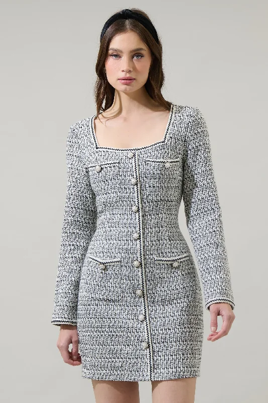 Janae Tweed Salome Pearl Button Down Mini Dress Cozy Knit Mini Dress