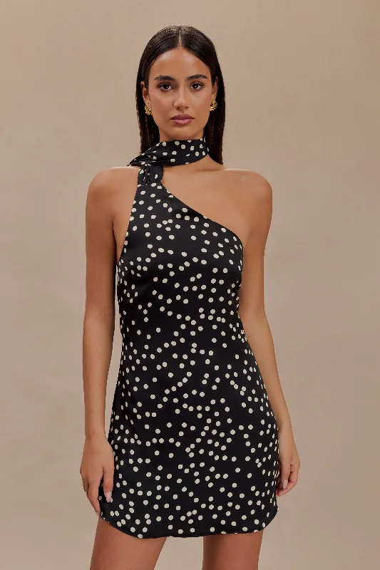 Joan Satin Asymmetrical Mini Dress - Black Polka Dot Print Trendy Off-Shoulder Dress Mini