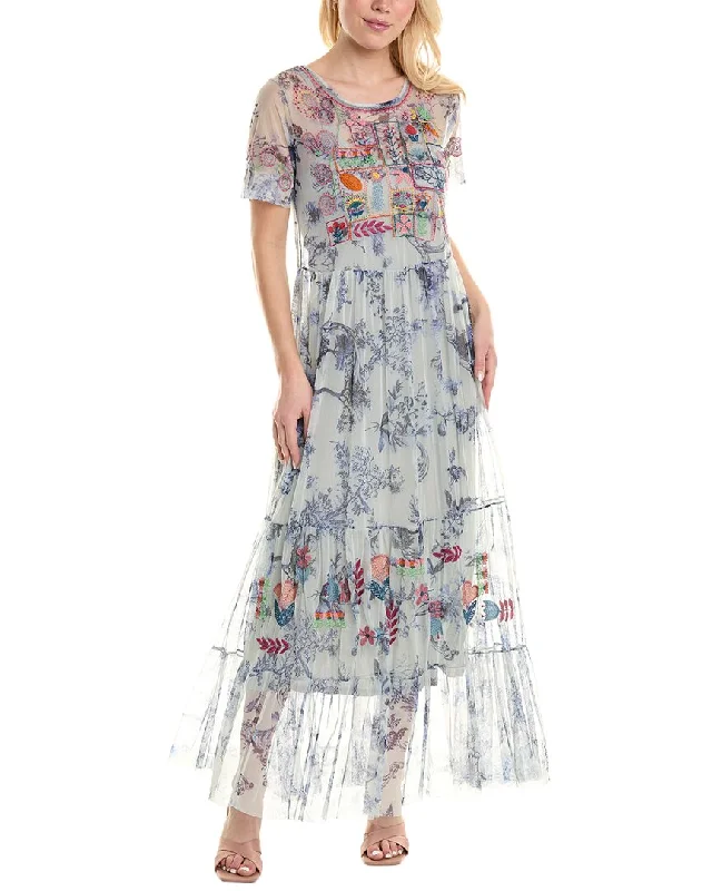 Johnny Was Logan Tiered Mesh Maxi Dress Chic Summer Floral Maxi Dress