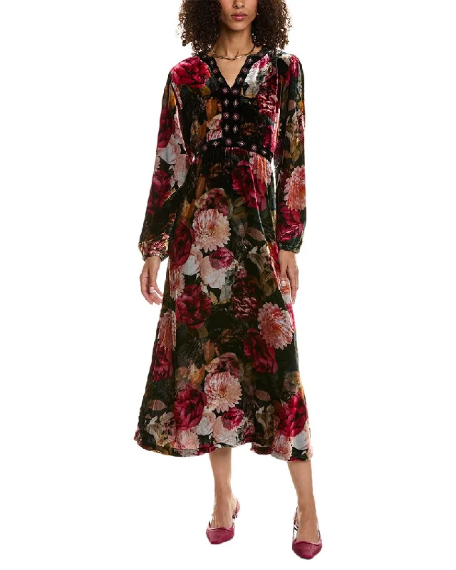 Johnny Was Rosa Velvet Front Notch Silk-Blend Maxi Dress Fashionable Off-Shoulder Maxi Dress