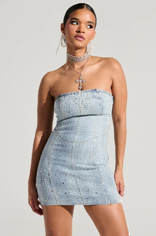 JUST WANNA ROCK DENIM RHINESTONE MINI DRESS Stylish Plaid Mini Dress
