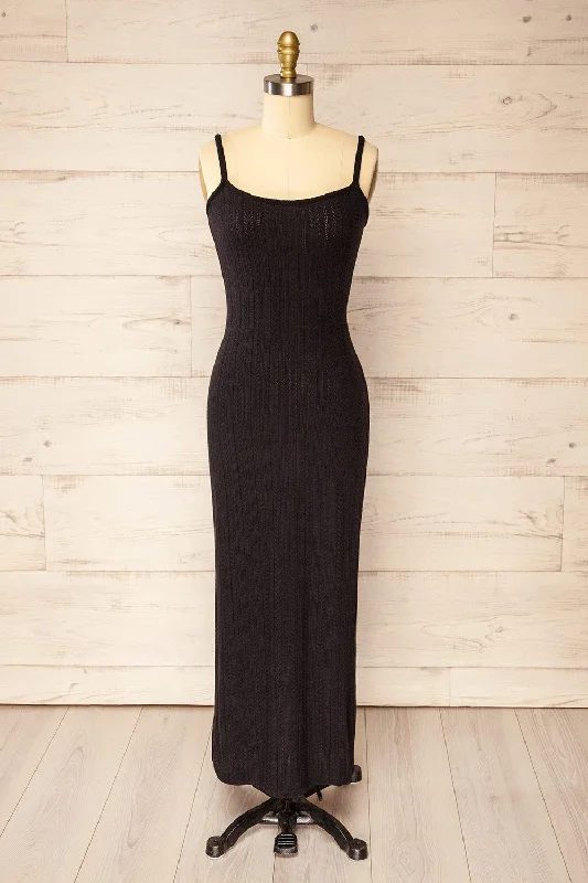 Katherine Black | Knit Maxi Dress w/ Thin Straps Chic Boho Print Maxi Dress