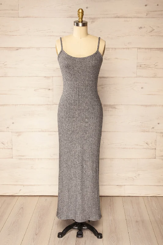 Katherine Grey | Knit Maxi Dress w/ Thin Straps Trendy Button Front Maxi Dress