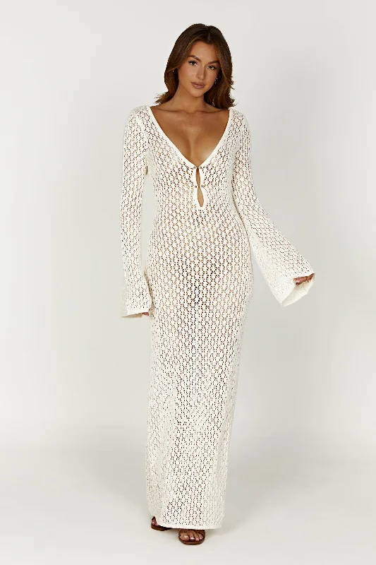 Kayleigh Crochet Fishtail Flare Sleeve Maxi Dress - White Stylish A-Line Maxi Dress