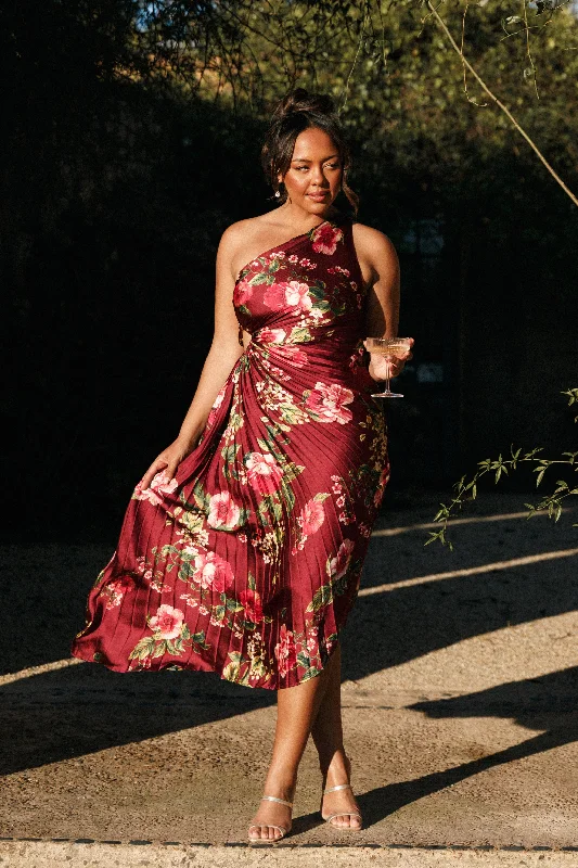 Kleo One Shoulder Maxi Dress - Burgundy Floral Fashionable Off-Shoulder Maxi Dress