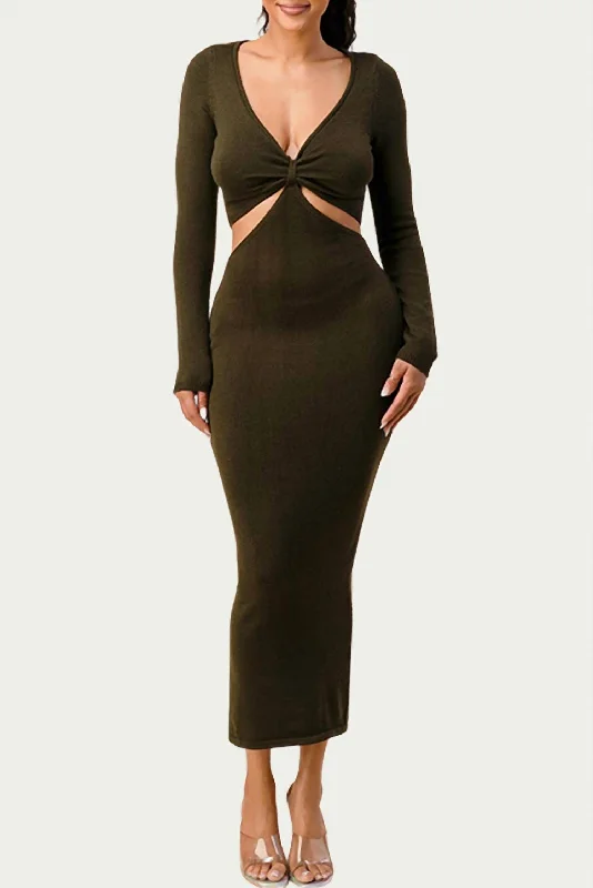 Knit Cutout Maxi Dress In Olive Stylish Maxi Dress with Pleats