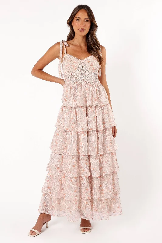 Kristah Maxi Dress - Peach Floral Stylish Pleated A-Line Maxi Dress