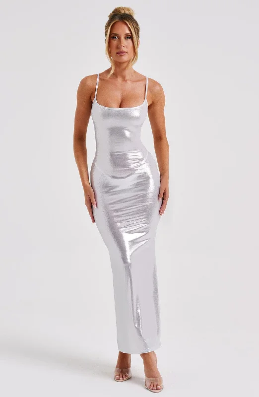 Kyranni Maxi Dress - Silver Cozy Maxi Dress with Slit