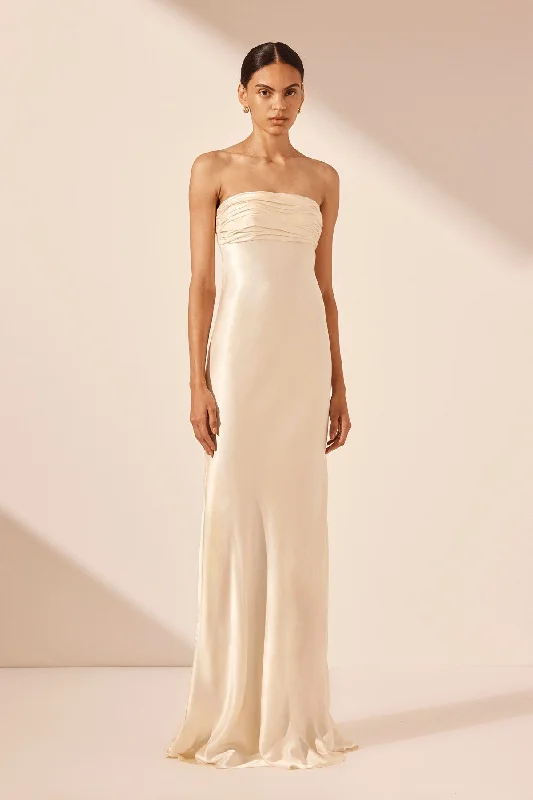 LA LUNE STRAPLESS RUCHED BODICE MAXI DRESS - CREAM Elegant Maxi Dress with Drapes