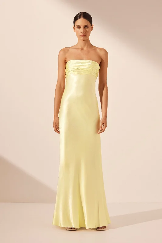 LA LUNE STRAPLESS RUCHED BODICE MAXI DRESS - LEMON Fashionable Maxi Dress with Fringe