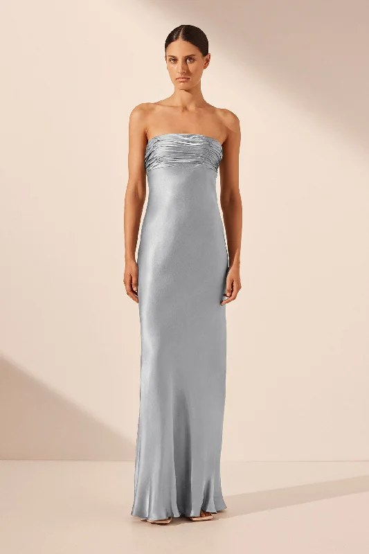 LA LUNE STRAPLESS RUCHED BODICE MAXI DRESS - POWDER BLUE Elegant Boho Maxi Dress