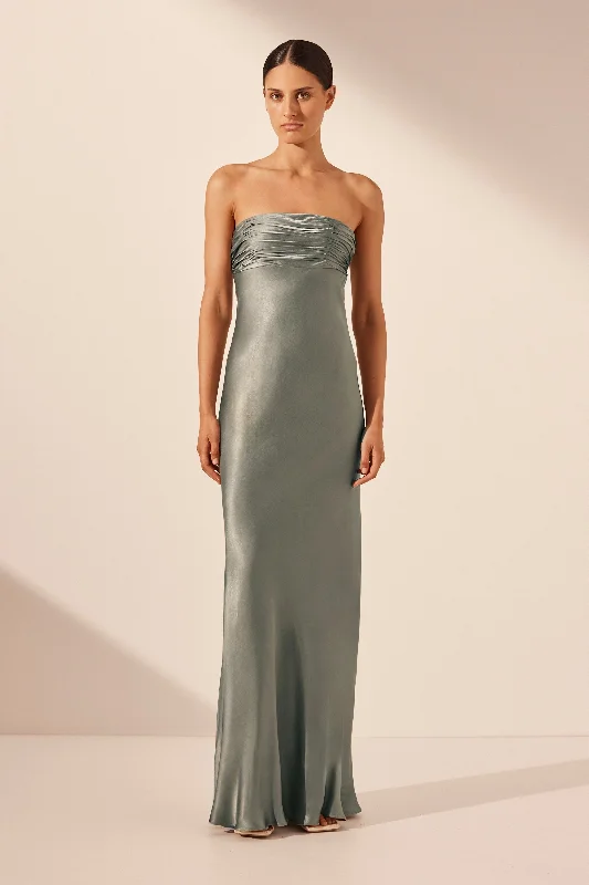 LA LUNE STRAPLESS RUCHED BODICE MAXI DRESS - SAGE Stylish One-Shoulder Maxi Dress