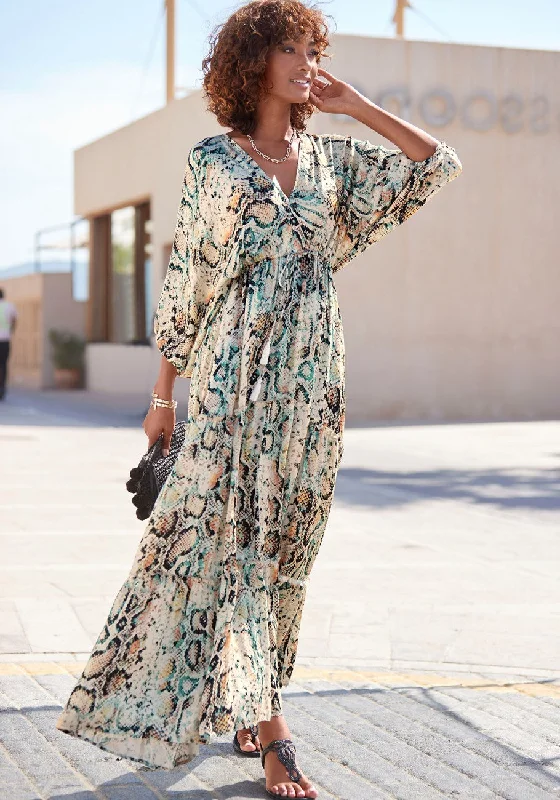 LASCANA Women's Animal Print Tiered Maxi Dress Comfortable Maxi Dress with Sleeves