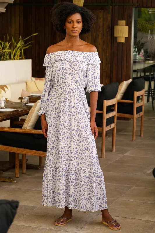 Leia Bardot Maxi Dress | Cheetah Grey/White Trendy A-Line Maxi Dress