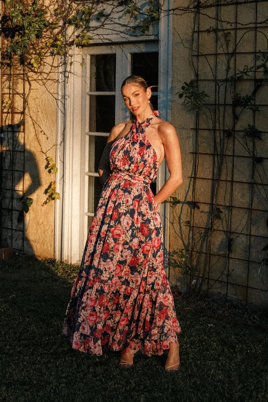 Lennon Halterneck Maxi Dress - Navy Floral Cozy Knit Maxi Dress