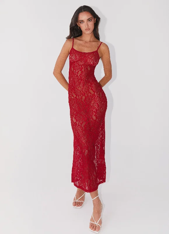 Leona Lace Maxi Dress - Red Rose Comfortable Ruffle Maxi Dress