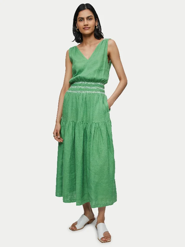 Linen Smocked Detail Maxi Dress | Green Trendy Maxi Dress with Belt