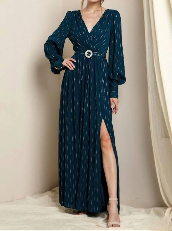 Long Sleeve Maxi Dress In Teal With Silver Stylish A-Line Maxi Dress