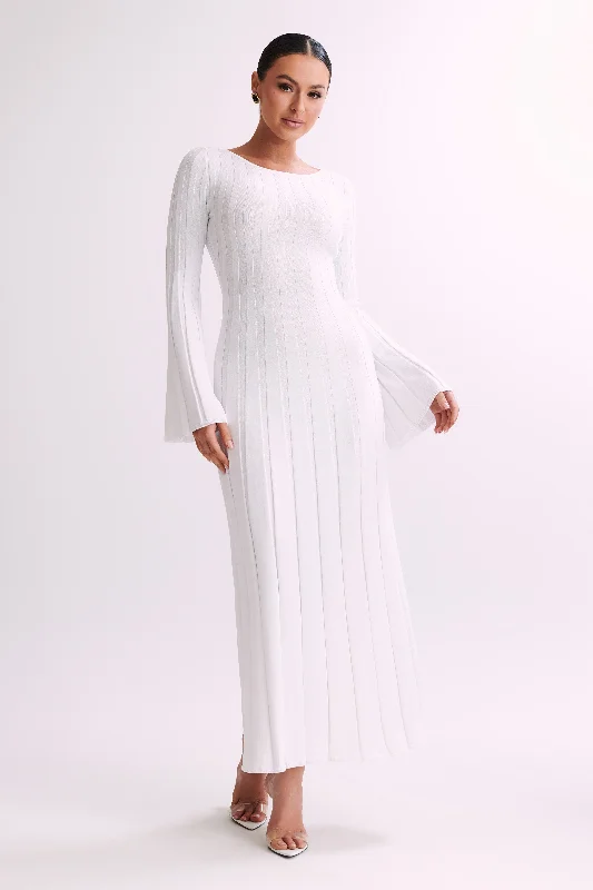 Mabel Long Sleeve Knit Maxi Dress - White Elegant Maxi Dress with Slit