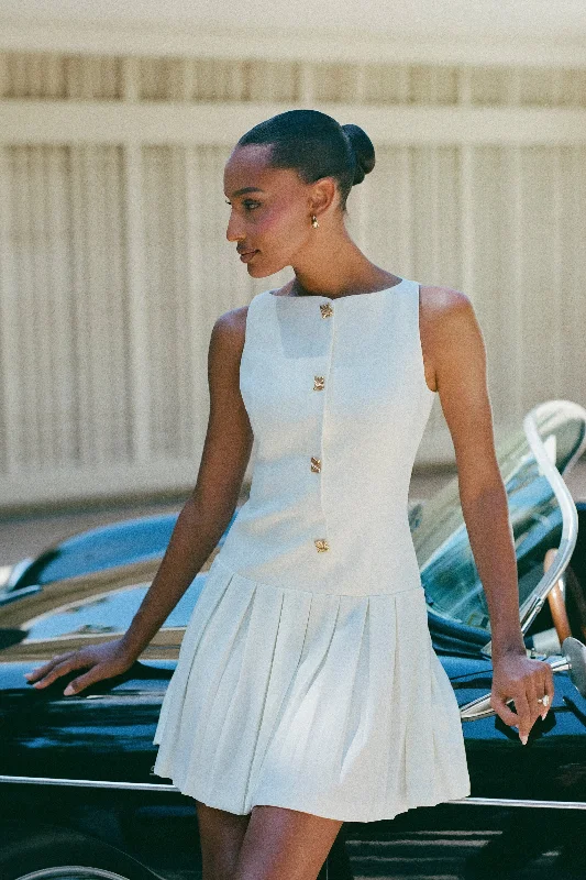 Mackenzie Sleeveless Pleated Mini Dress - Ivory Elegant Satin Mini Dress