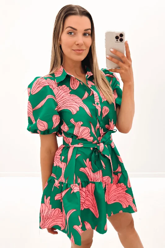 Maggie Mini Dress Green Pink Fashionable Button-Front Mini Dress