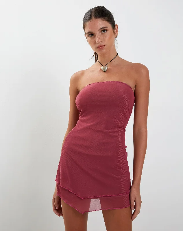 Mahali Bandeau Mesh Mini Dress in Raspberry Fashionable Button-Front Mini Dress