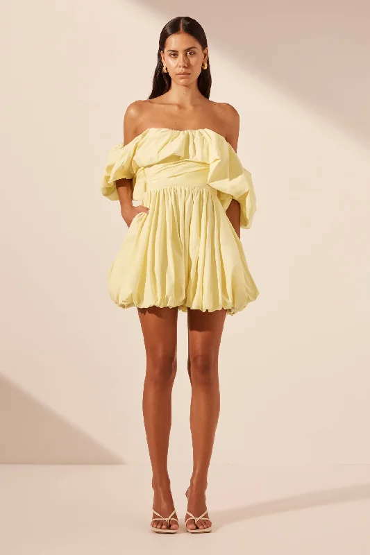MAIORI OFF SHOULDER DRAPED BUBBLE MINI DRESS - LEMON Trendy Denim Mini Dress