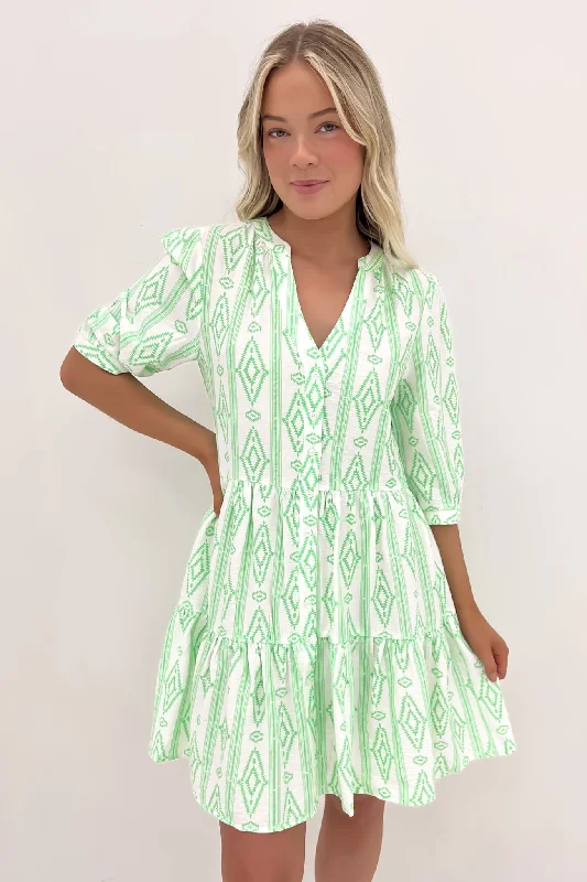 Mallory Mini Dress Green White Elegant Lace Mini Dress