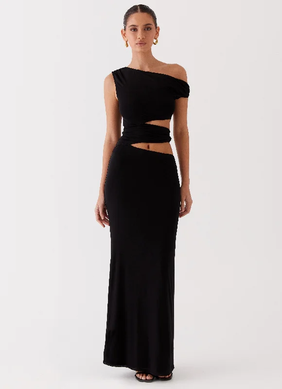 Margot One Shoulder Maxi Dress - Black Elegant Maxi Dress with Pockets