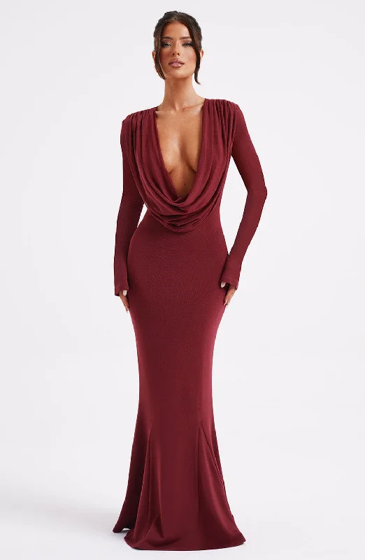 Martina Maxi Dress - Burgundy Stylish One-Shoulder Maxi Dress
