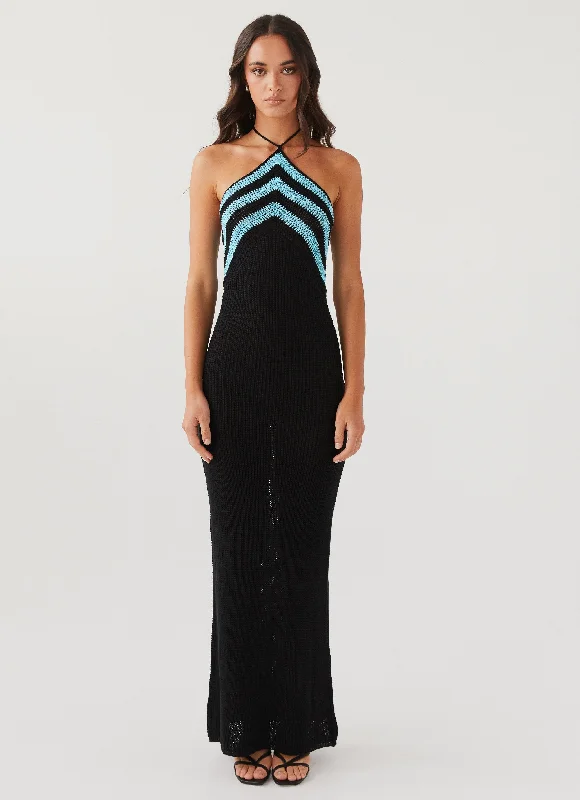 Masterpiece Halterneck Crochet Maxi Dress - Azure Stripe Trendy Fit-and-Flare Maxi Dress