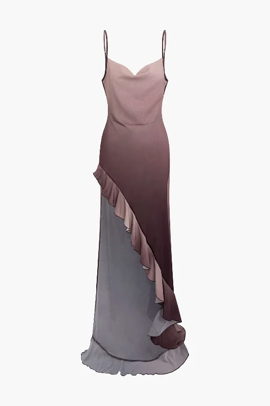 Ombre Asymmetrical Hem Cowl Neck Maxi Dress Chic Button-Up Maxi Dress