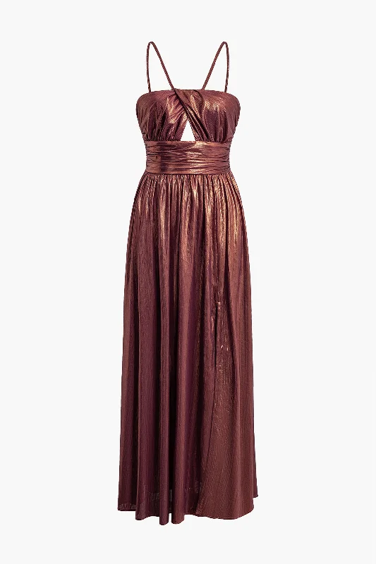 Pleated Cut Out Spaghetti Strap Slip Maxi Dress Stylish Longline Maxi Dress