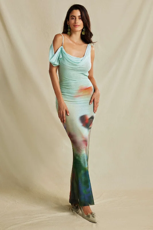 Tie Dye Mesh Backless Asymmetric Cowl Neck Maxi Dress Stylish Boho Chic Maxi Dress