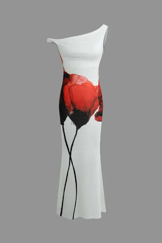 Floral Print Asymmetric Maxi Dress Classic Tulle Maxi Dress