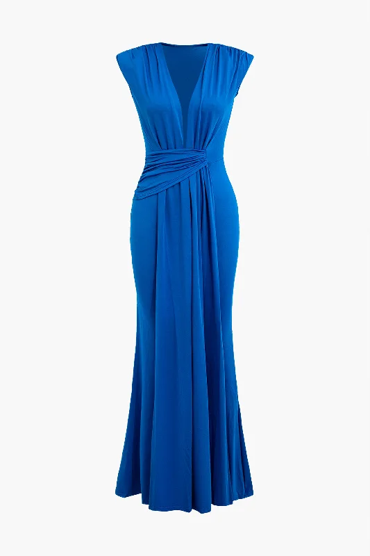 V-neck Ruched Maxi Dress Comfortable Bohemian Maxi Dress
