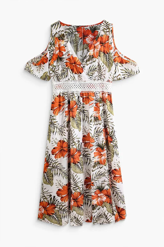 Plus Size Floral Print Cold Shoulder Slit Maxi Dress Trendy Printed Maxi Dress