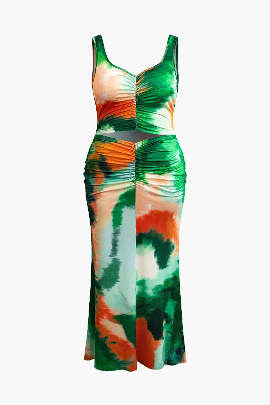 Plus Size Tie Dye Ruched Cut Out Maxi Dress Elegant Maxi Dress with Slit