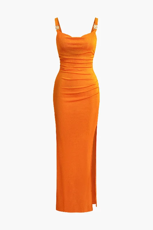 Embellished Strap Ruched Slit Cowl Neck Maxi Dress Cozy Open-Back Maxi Dress