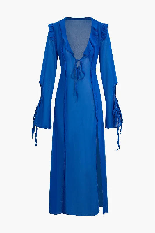 Ruffle V-Neck Slit Cut Out Maxi Dress Fashionable Sheer Maxi Dress
