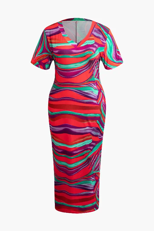 Plus Size Abstract Print V-Neck Maxi Dress Comfortable Ruffle Hem Maxi Dress