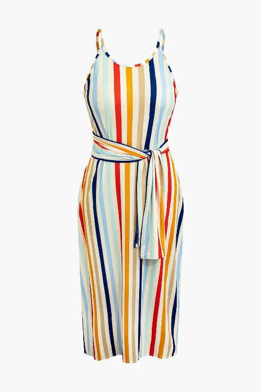 Plus Size Striped Slip Maxi Dress With Waist Tie Chic Off-Shoulder Maxi Dress
