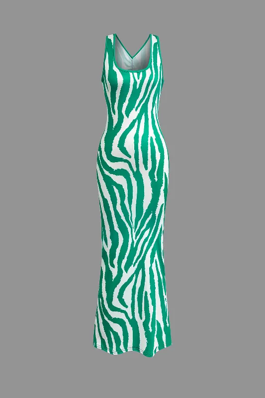 Zebra Print Cut Out Ruched Slit Tank Maxi Dress Elegant Tiered Maxi Dress