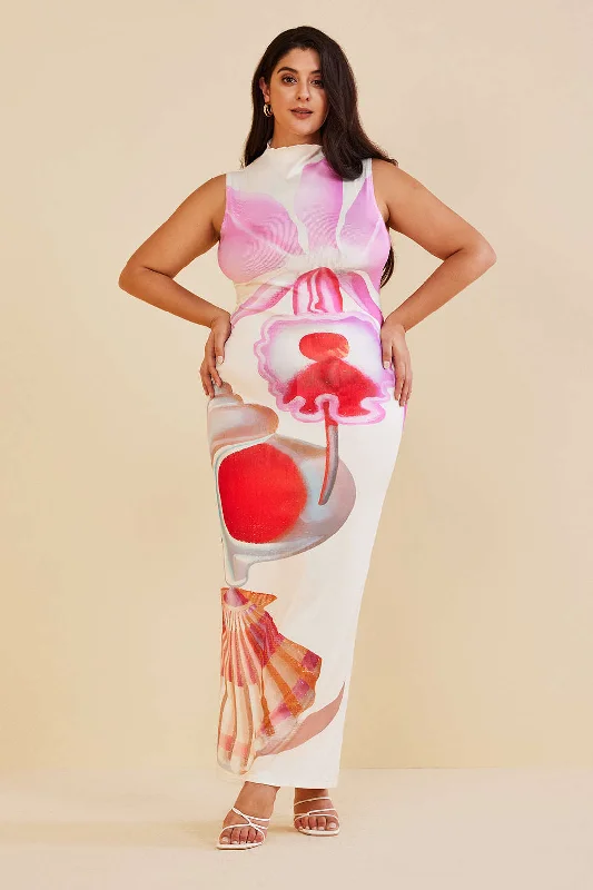 Plus Size Floral Print Mock Neck Slit Sleeveless Maxi Dress Cozy Knitted Maxi Dress