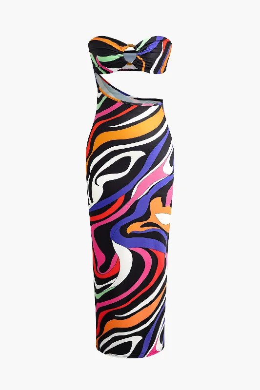 Abstract Print Cut Out Strapless Maxi Dress Trendy Maxi Dress with Bow