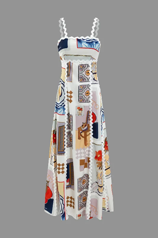 Geometric Print Slip Maxi Dress Stylish Maxi Dress with Pleats